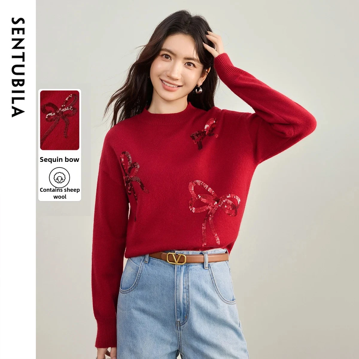 

SENTUBILA Sequined Bow Embroidery Sweaters for Woman 2025 Autumn Commute Elegant Pullovers O-neck Long Sleeve Tops W54EF3764