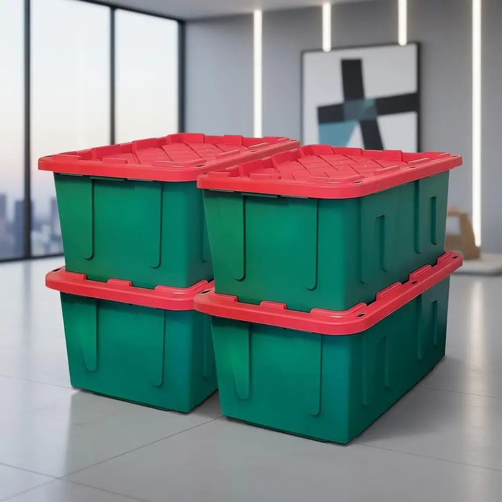 Contenedores de almacenamiento de plástico resistentes con tapas, 27 galones, rojo/verde, cajas contenedoras apilables para vacaciones, ático y órgano de garaje