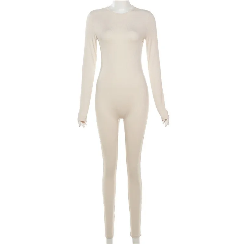 2025 Autumn Women Solid Ribbed Skinny Jumpsuits O Neck Long Sleeve Zip Slim Fitness One Piece Overalls Casual Streetwear Romper