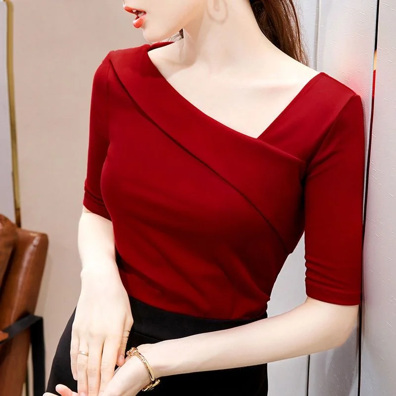 Woman\'s Clothing Spring Summer Style Basic T-Shirts Tops Lady Slim Short Sleeve Skew Collar Sheath Tops SS055