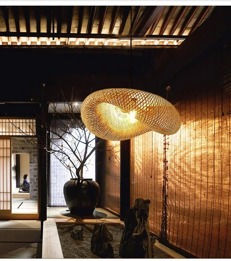 HandMade Bamboo Weaving LED Pendant Lamp Home Decor Hanging Chandelier Lighting Living Room Kitchen Vintage Rattan Woven Light