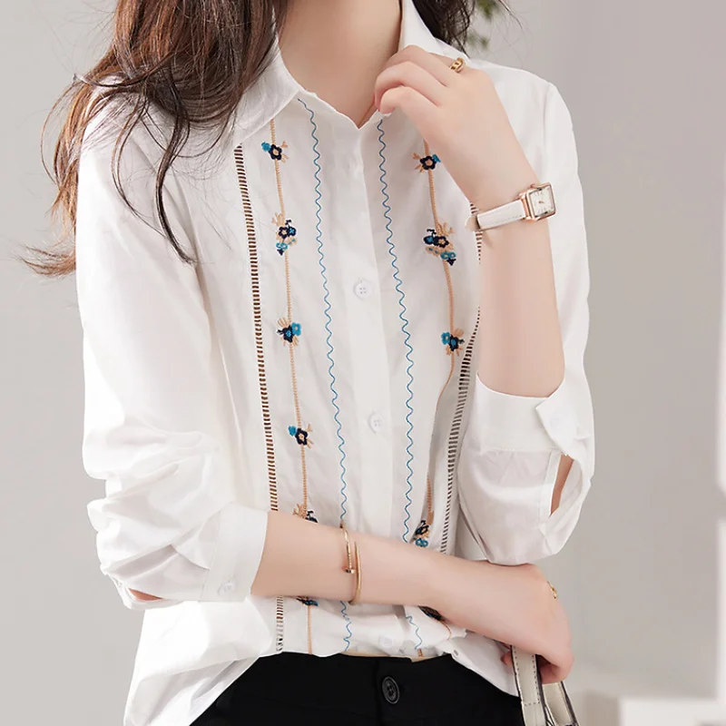 Classic Cotton White Printing Embroidery Single-breasted Blouse Women Loose Polo Collar Casual Office All-match Chiffon Shirt