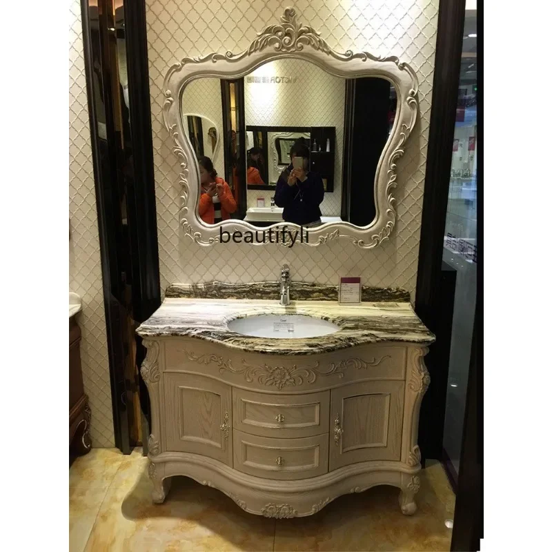

European bathroom cabinet combination red oak washbasin cabinet solid wood floor marble basin