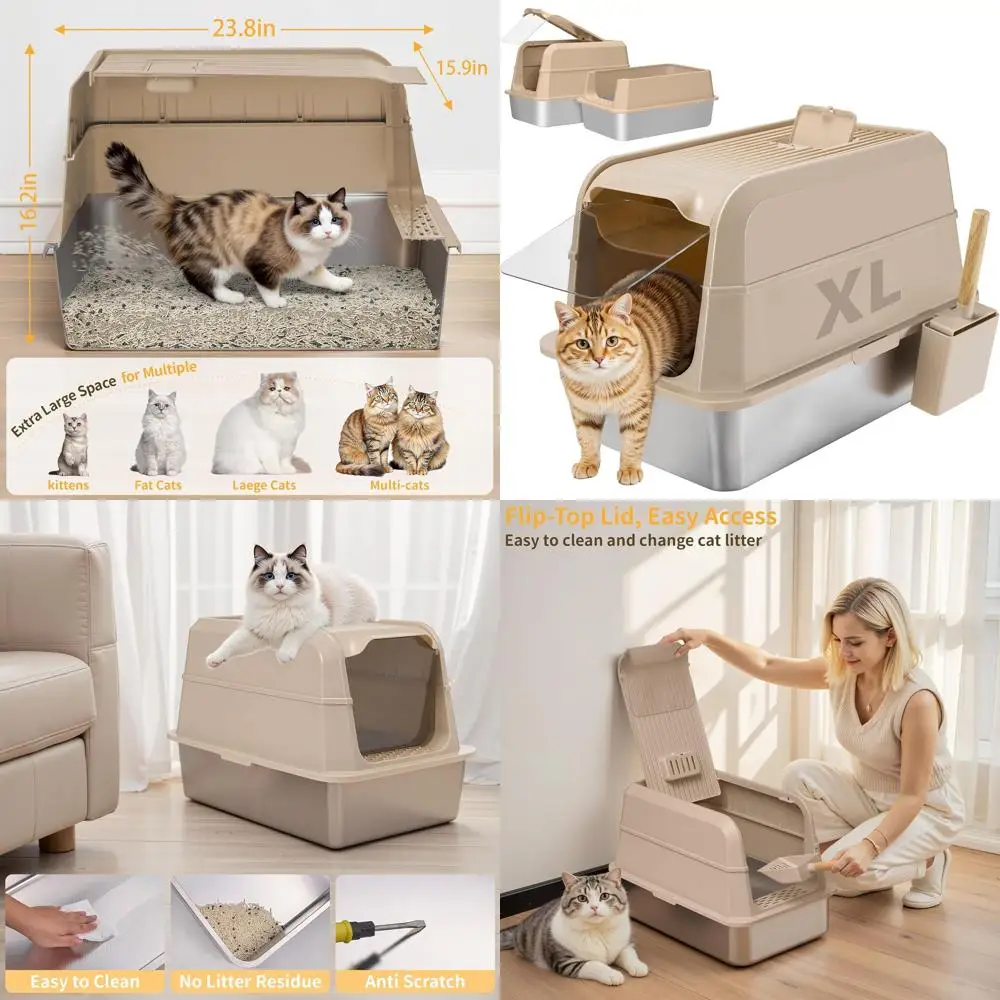 

Очень большой закрытый металлический лоток для кошек с высокими бортиками, крышкой, контролем запаха, легко чистится (хаки)