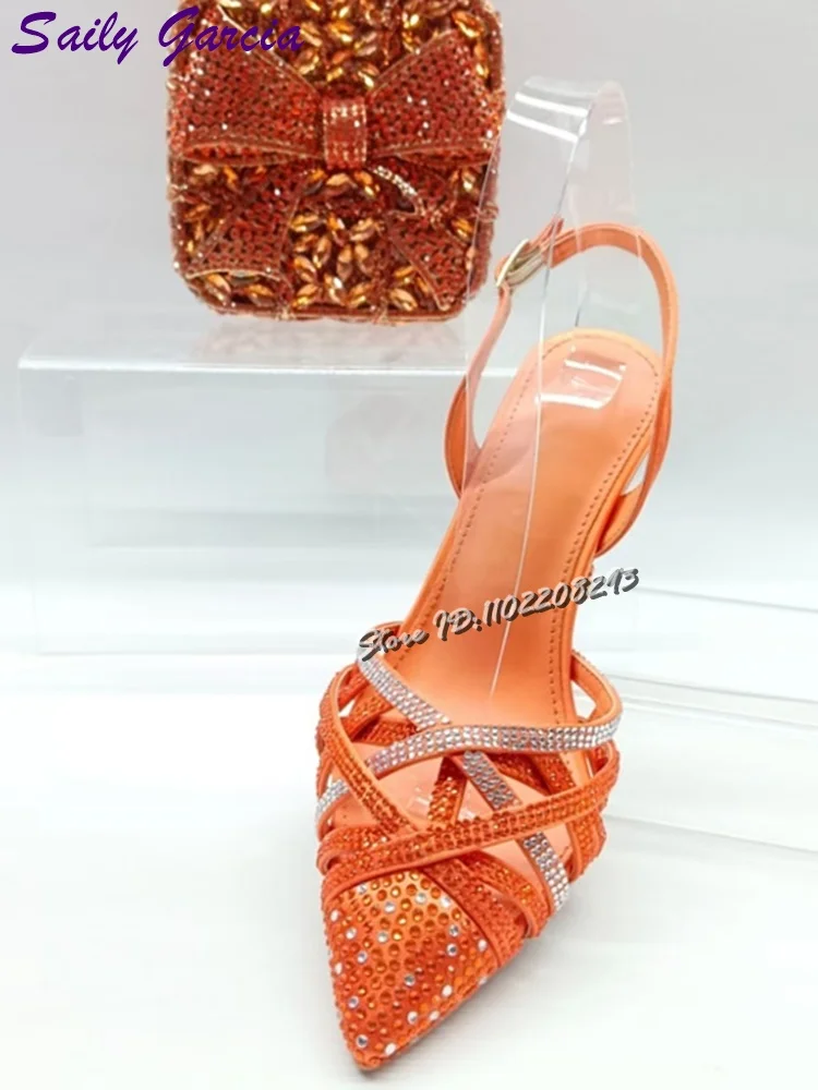 

Туфли-лодочки на шпильке со стразами и кристаллами, женские сандалии на высоком каблуке с острым носком и мелкой пряжкой, новинка лета 2023 г.