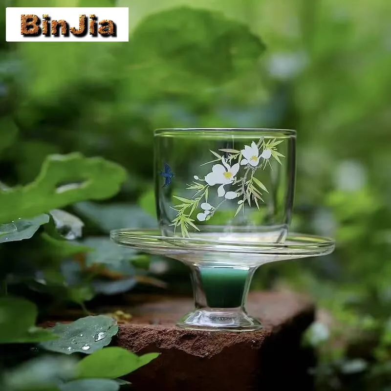 115Ml Spring Return Flower Glass Tea Cup Green Master With Holder Set Special Tasting Chazhan Coaster Kung Fu Teaset