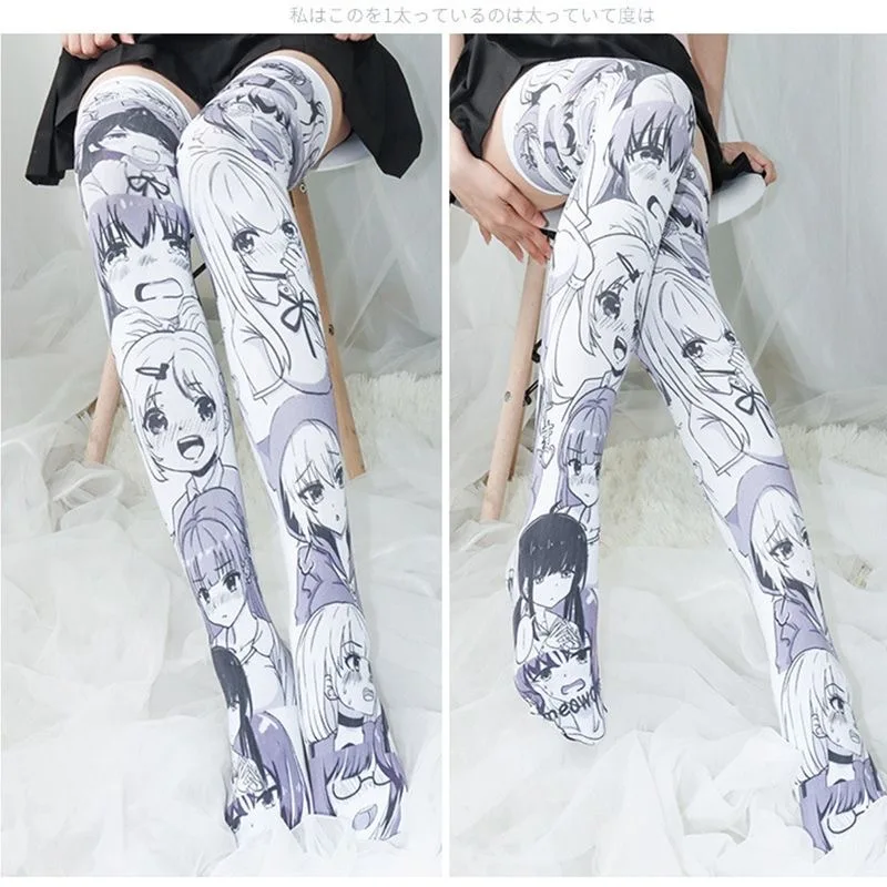 Meias de veludo bidimensionais para meninas, anime japonês, sexy e bonito, cosplay, acima do joelho, tubo longo, personalidade, desenho animado