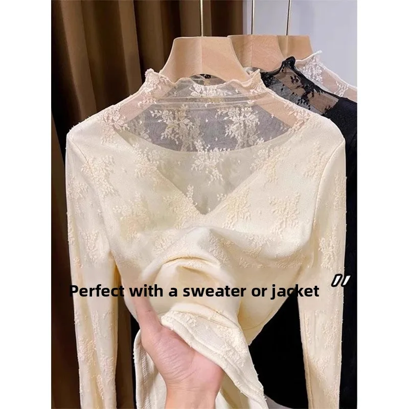 

Women's Lace Base Shirt Half High Collar Inner Wear Fleece Liner Stylish mid Collar Top Korean Style Long Sleeve Color