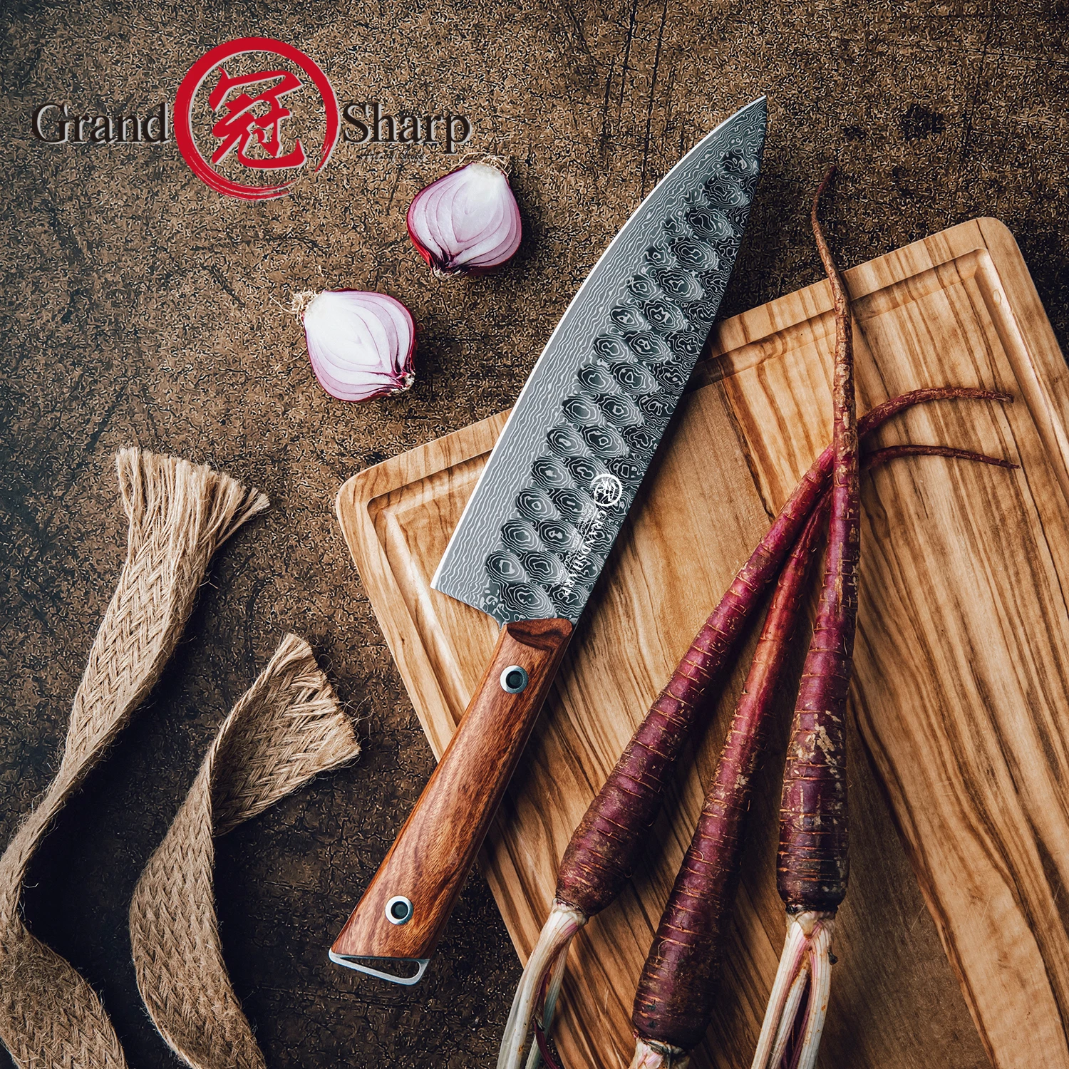 

Grandsharp 8-дюймовый нож шеф-повара 67 слоев 10Cr15MoV Core японская дамасская сталь африканская ручка из розового дерева профессиональный Сантоку