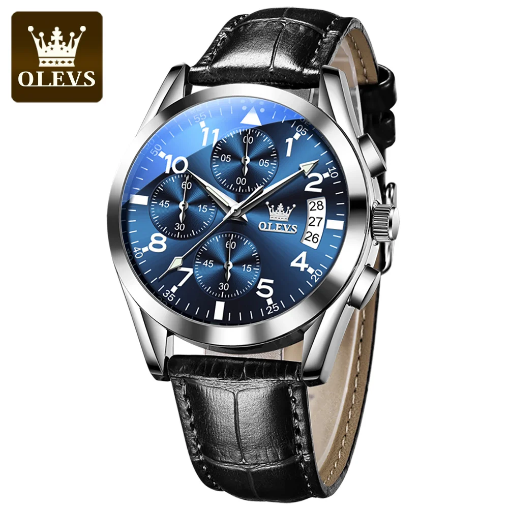 OLEVS2878 Pilot Watch for Men Auto Date Waterproof Luminous Chronograph Wristwatch Luxury TOP Leather Stap Original Quartz Watch