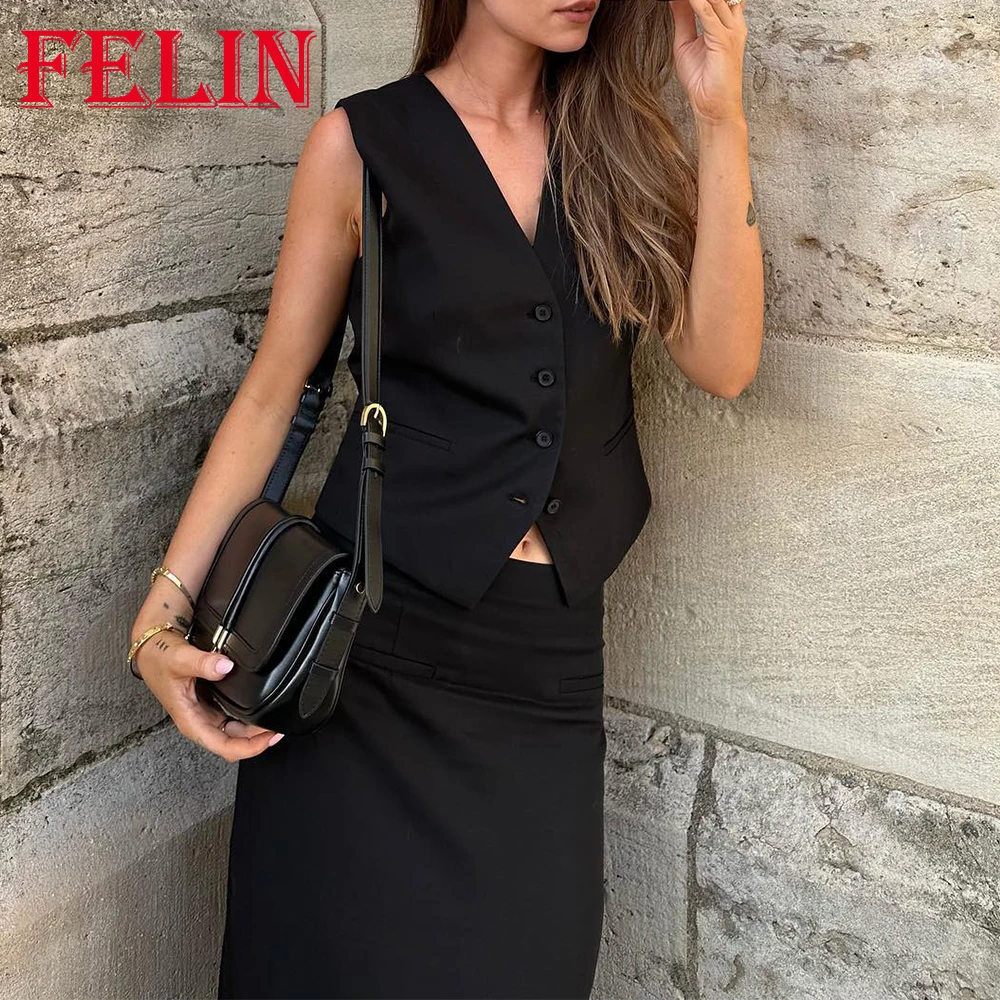 TRAF 2023 Summer Women Vintage Solid Black Linen Suit Buttons V-Neck Vest+Zipper Sheath Long Skirt Sexy Women Elegant Sets