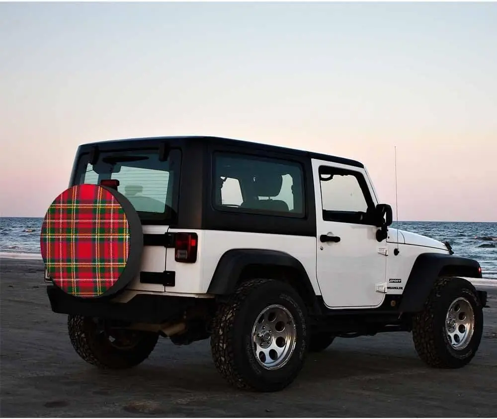 Tartan Plaid Spare Tire Cover Traditional Red Black Green Checkered Scottish Christmas New Year Weatherproof Wheel Protectors