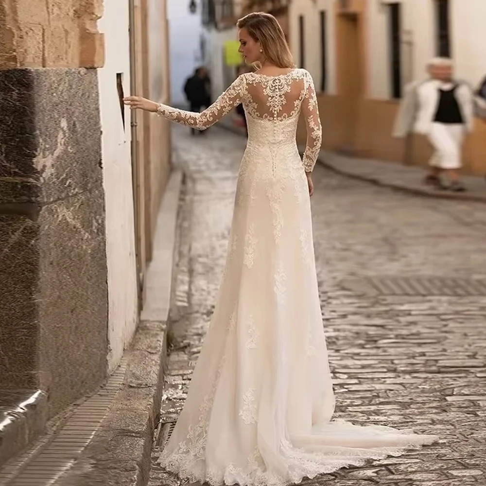 فستان زفاف رائع بأكمام طويلة مخصص للمرأة العروس الدانتيل حورية البحر فستان الزفاف الخامس الرقبة فستان زفاف شفاف #2