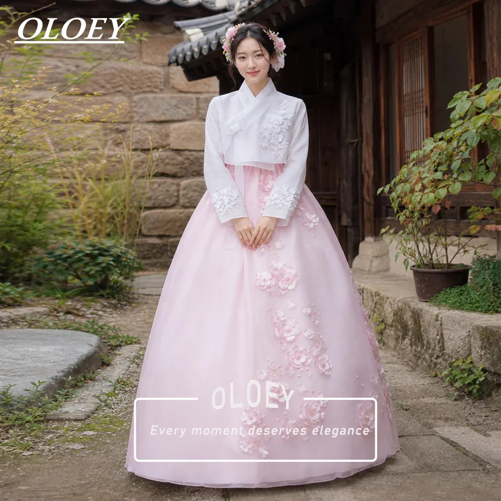OLOEY Vintage Pink Ivory Appliques Hanbok 2 PCS Korean Wedding Photo Shoot Strapless Dress With Jacket Customized Reception Gown