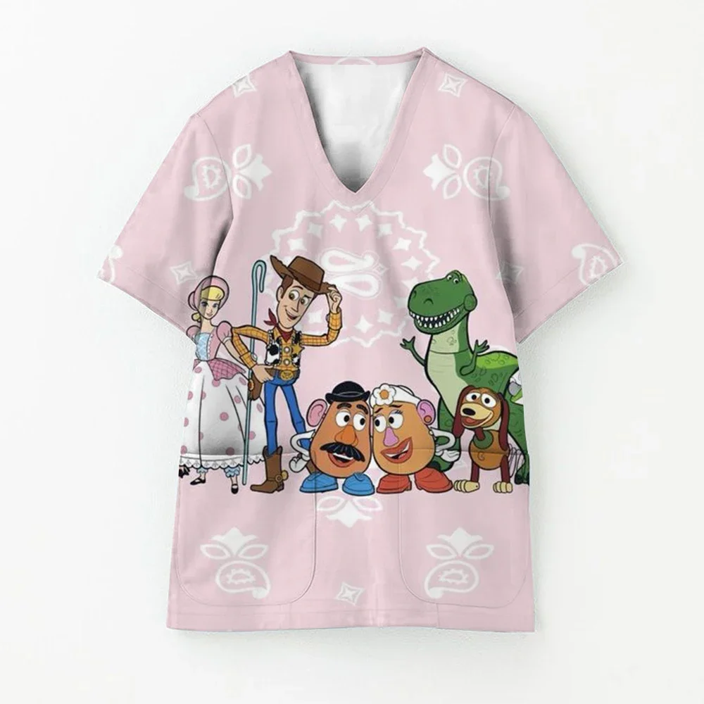 

Disney brand Clinical Uniform Woman Cute cartoon print Nursing Fashion V-Neck with Pockets Woman Medical Uniform