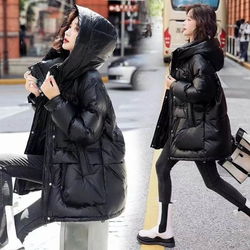 Giacca imbottita in cotone lucido senza lavaggio di grandi dimensioni Giacca invernale corta imbottita in cotone ispessito Cappotto ampio di media lunghezza Donna