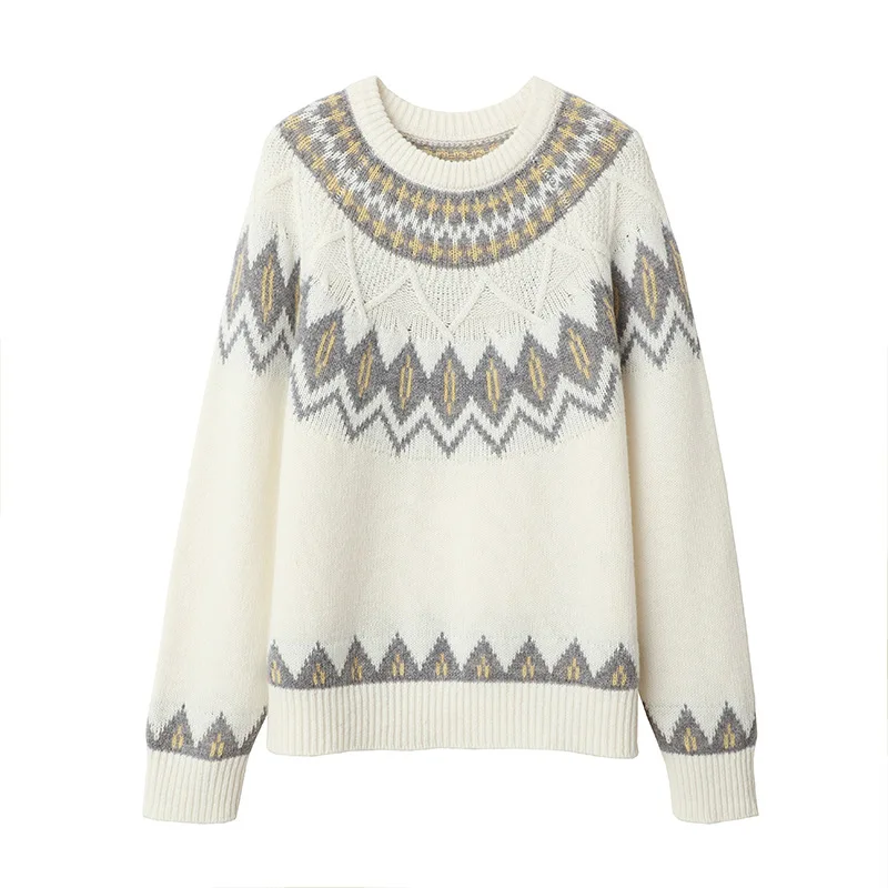 Winsleter – Eleganter Pullover aus 100 % Schafwolle, O-Ausschnitt-Jacquard, lässiger, locker gestrickter Fair-Isle-Pullover für Damen, Winter 2025, T5N512CC