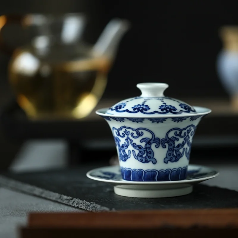 Mr. Qing Porcelain Gaiwan Jingdezhen Firewood Kiln Blue and White Dot Hand Painted Twine Double Dragon Small Three Pieces Tea Ma