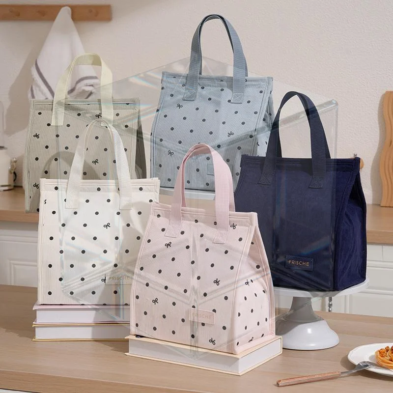 Reusable Portable Insulated Lunch Bag Top Handle Minimalist Style Lunch Tote Bag Polka Dot Thermal Lunch Box