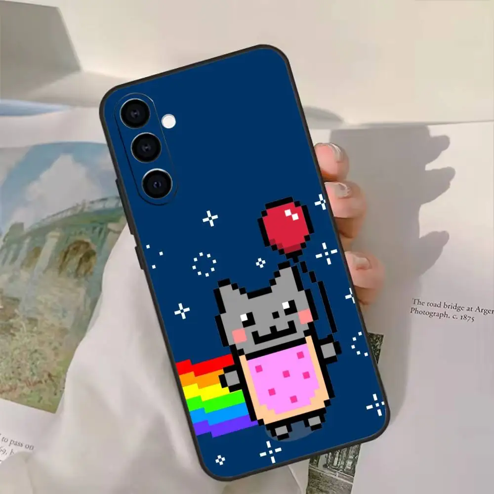 حافظة هاتف لطيفة N-Nyan C-Cat لهاتف سامسونج جالاكسي A20,21s,22,31,32,52,53,72,73,80,91 غلاف أسود ناعم