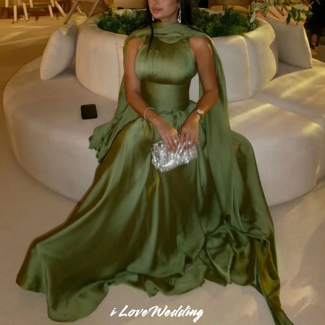 Verde halter vestido de baile 2025 cetim sem mangas a linha plissados até o chão longo cachecol vestido de noite vestido de festa de casamento personalizado