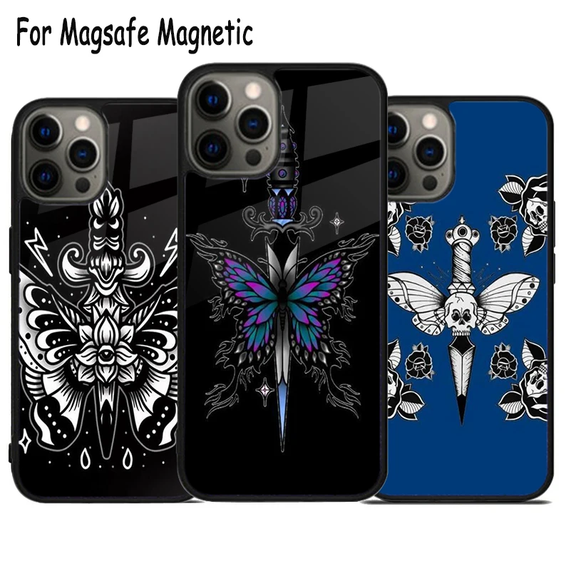 

Tattoo Butterfly Dagger Wireless Charge Magsafe Phone Case For iPhone 15 16 14 13 11 12 Pro Max Plus Magnetic Bumper Cover