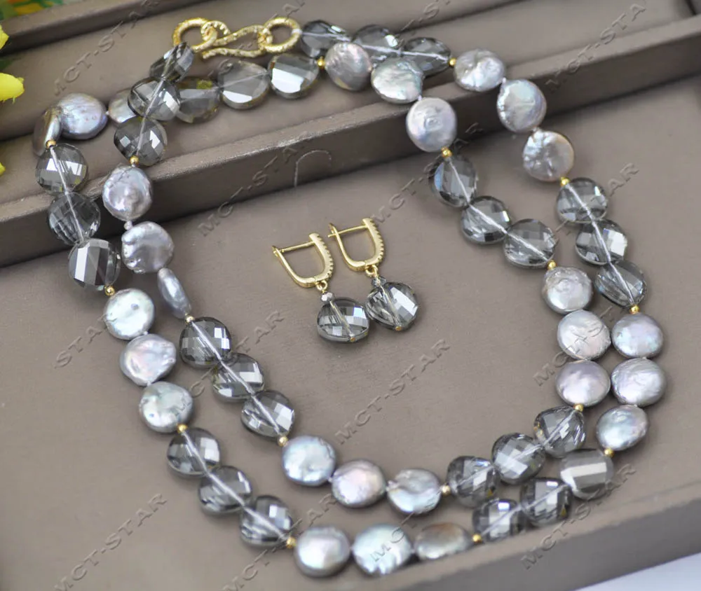 MTC·STAR 35" 15mm Gray Coin Freshwater Pearl Faceted Crystal Necklace Earring  (Z13231) view 2