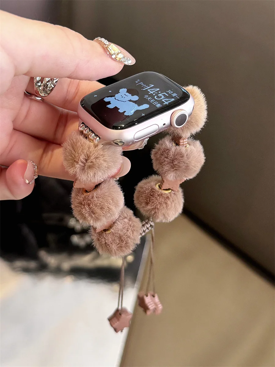 Fluffy Ball Bead Strap for Apple Watch S10 42/46mm 41/45 Adjustable Star Bracelet for iWatch 49Ultra 9 8 7 6 5 38/42 Women Band