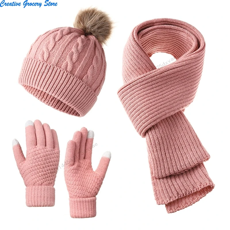New Year Christmas Red Hat Scarf Gloves 3 Pieces Set Autumn Winter Outdoor Windproof Warm Knit Muffler Hats and Caps for Women