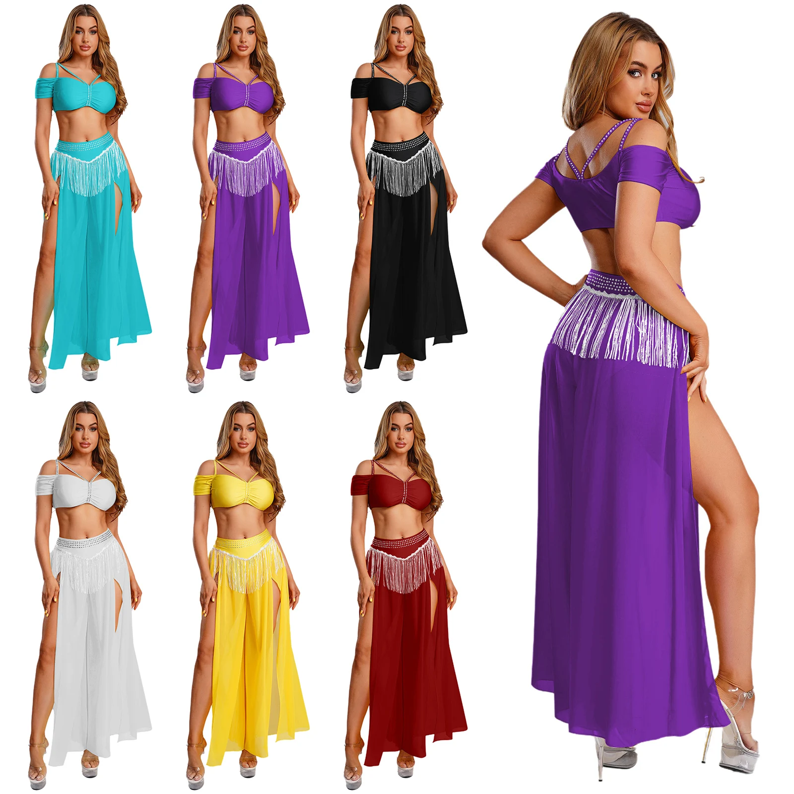 女性インド民族舞踊ベリーダンス衣装 2 ピース叙情的なクロップトップとタッセルスカートパンツベリーダンス衣装用