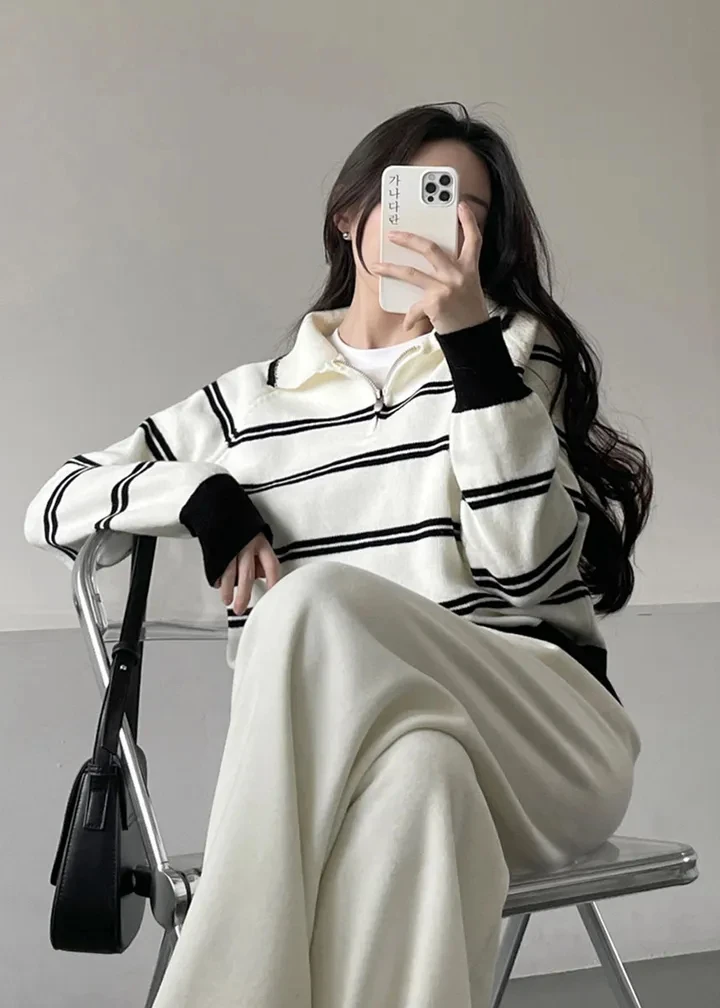 Korean Style Lazy Striped Zipper Color Block Long Sleeve Women's Soft Sweater Autumn Winter New Design Knitted Shirt