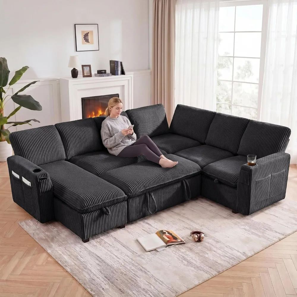 Corduroy Modular Sectional Sofa with Pull Out Bed, Storage Chaise & Adjustable Backrest,7 Seat Cloud Sofa for Living Room,Custom