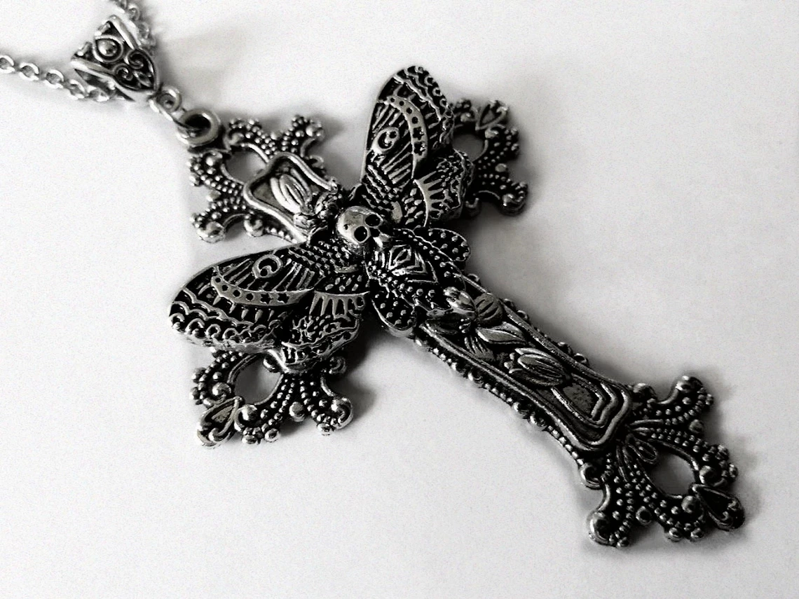 Large Moth Cross Necklace Pendant Floral Filigree Victorian Vintage Gothic Style Great Gift for Her Protection Amulet