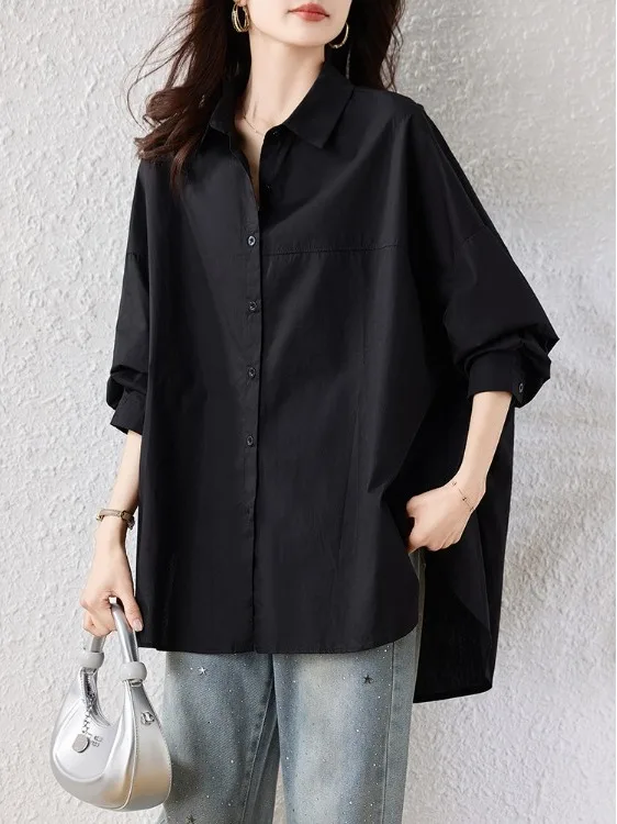 

Casual Loose Long Sve Color plus Size Summer irt Slimming Versatile Top for Women Commute Mid-Length Polyester Fiber