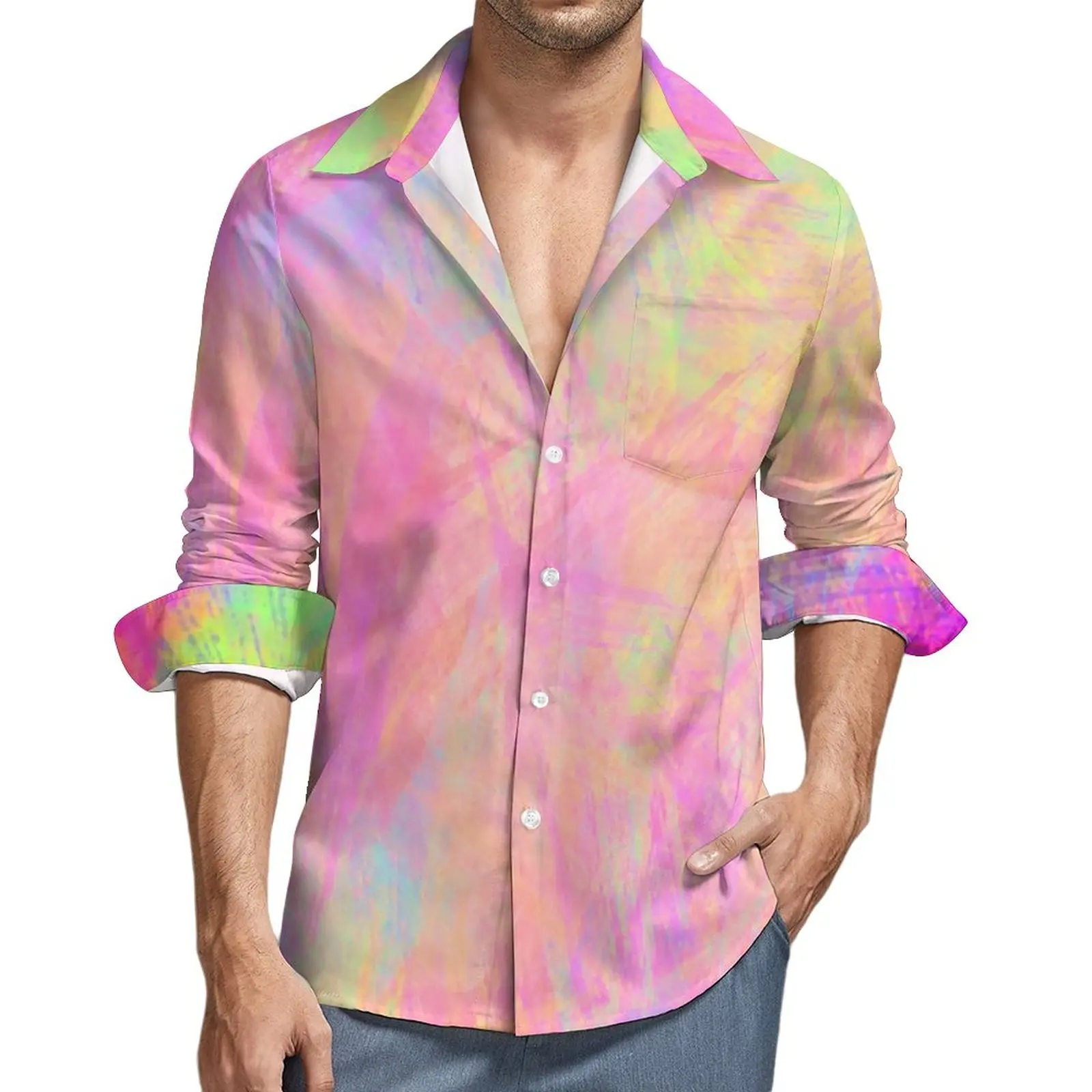 Novedad, camisa colorida con pintura de neón, camisas informales con estampado de salpicaduras para hombre, blusas estampadas de otoño, ropa de manga larga con solapa, Tops