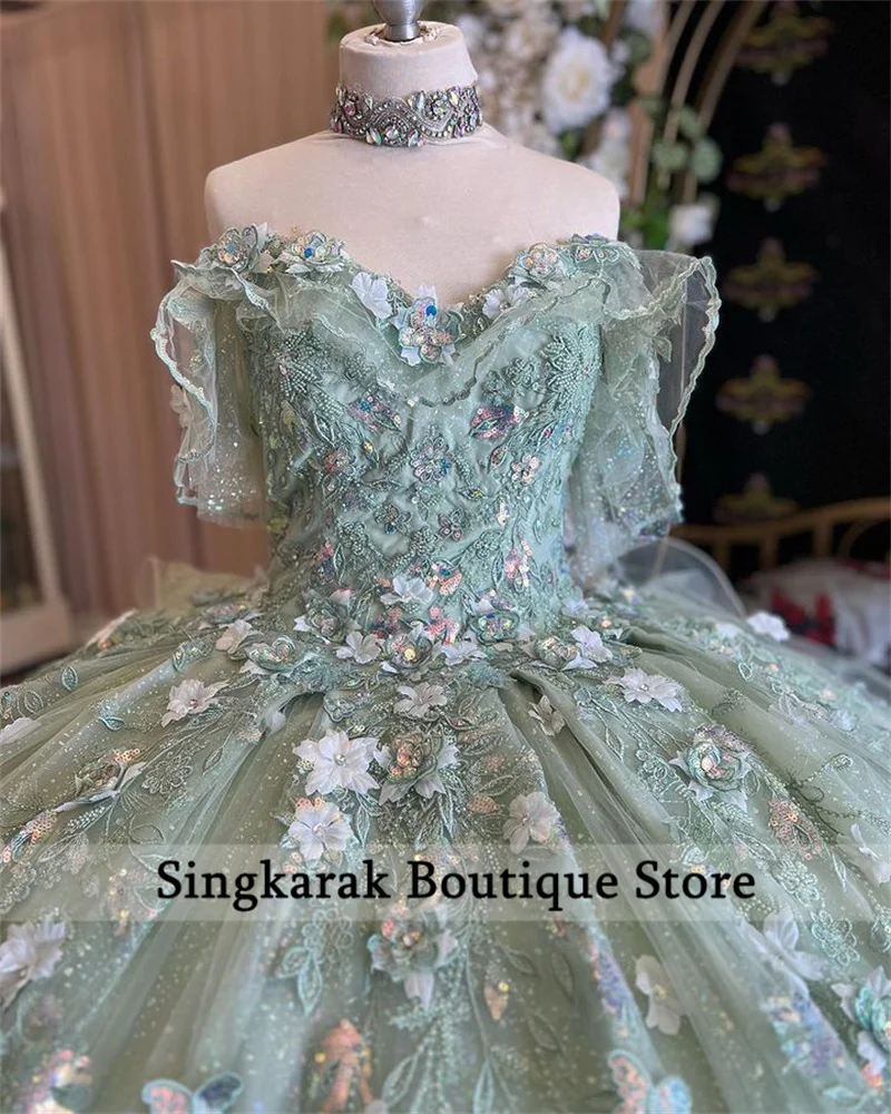 Luxury Sage Green Quinceanera Dresses 2024 Off Shoulder Ball Gown Sweetheart Floral Applique Crystal Beading Sweet 16 Dresses