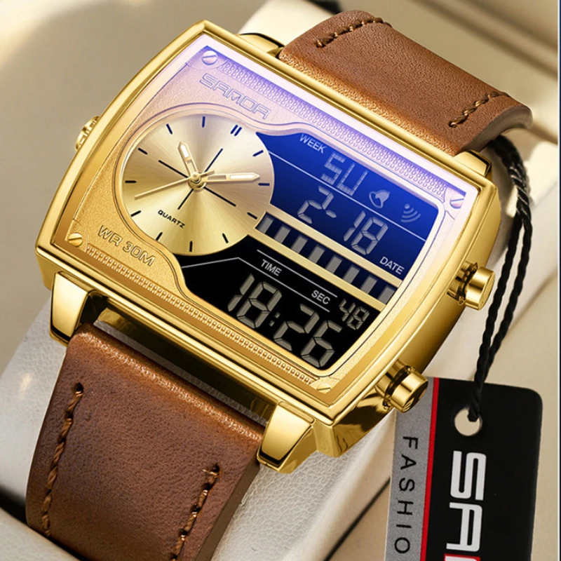 SANDA Fashion Trend Men's Quartz Watch Fashion Square Watch Countdown Sports Waterproof Dual Display Digital Watches For Man