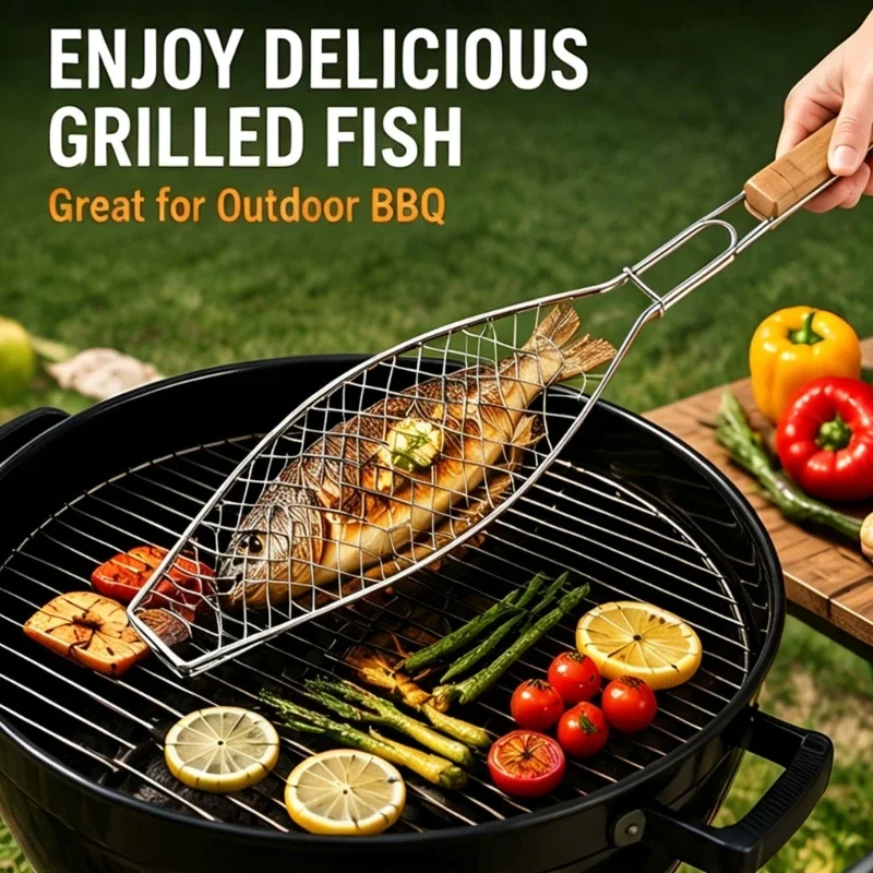 Metal Fish Barbecue Basket Set of 4 with Round Handle for Turning Whole Fish During Home BBQ, Outdoor Cooking and Everyday Y5GB