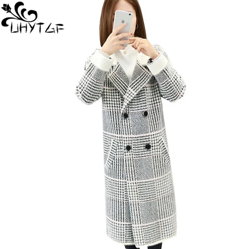 

UHYTGF Sweater Woman Autumn Winter Cardigan Luxury Women Clothing Plaid Imitation Mink Long Sweater Coat Female Knit Jacket 2638