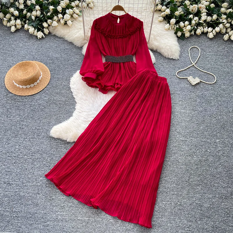 Spring Autumn French Half Skirt Set Women's New Fashionable Ruffle Top Hundred Fold Half Skirt Two Piece Set J19