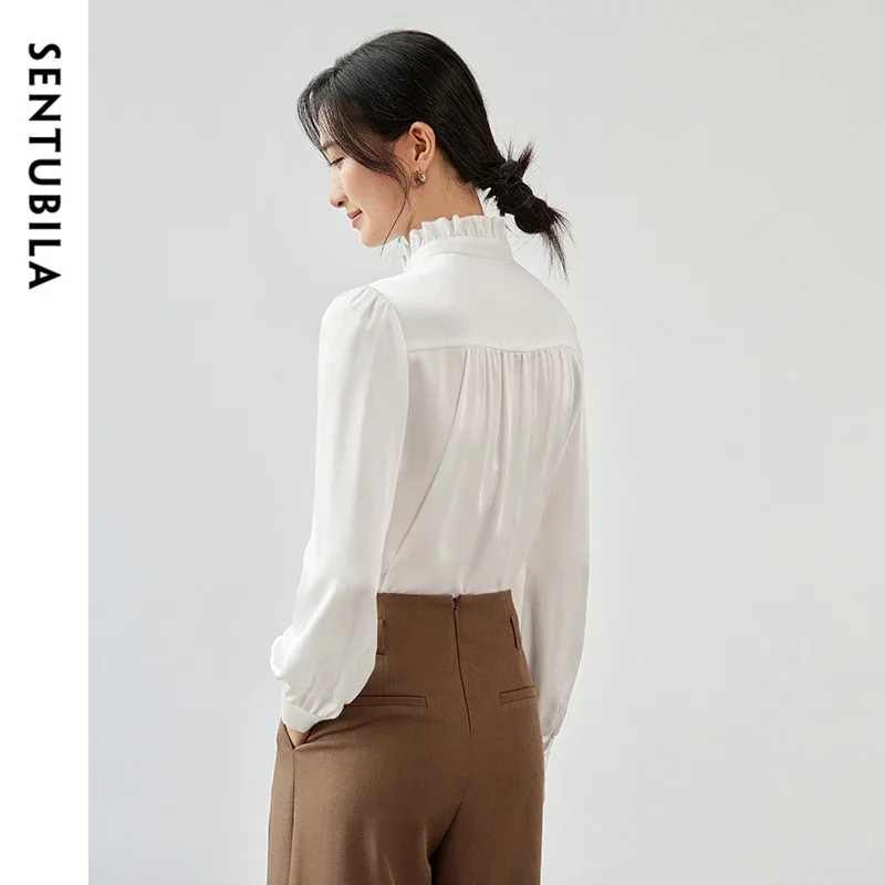 SENTUBILA White Chiffon Shirts For Women 2025 Spring Autumn Casual Commute Stand Collar Ruffles Long Sleeve Blouses 143V56667