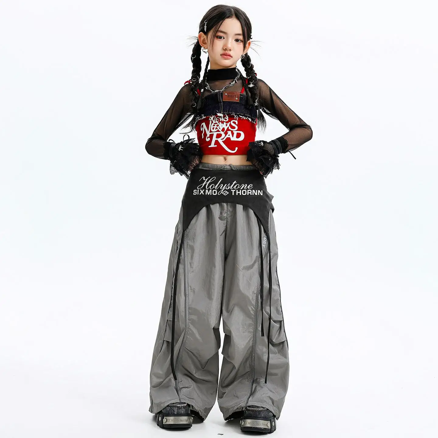 Enfant Kpop Hip Hop vêtements rouge Denim à lacets débardeur court maille haut gris décontracté large Parachute pantalon pour fille danse Costumes vêtements