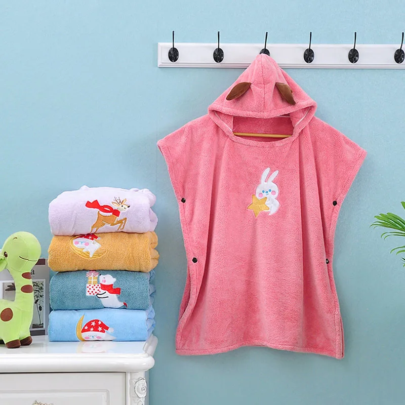 Cartoon Embroidery Baby Absorbent Bathrobe Super Soft Household Children's Bath Towel Boys Girls Coral Fleece Hooded Bathrobe