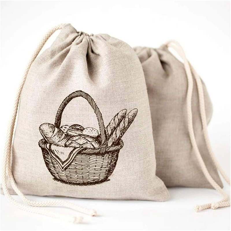 Linen Bread Bags 2 Pack Art Design Natural Unbleached Reusable Food Safe Storage For Homemade Artisan Bread