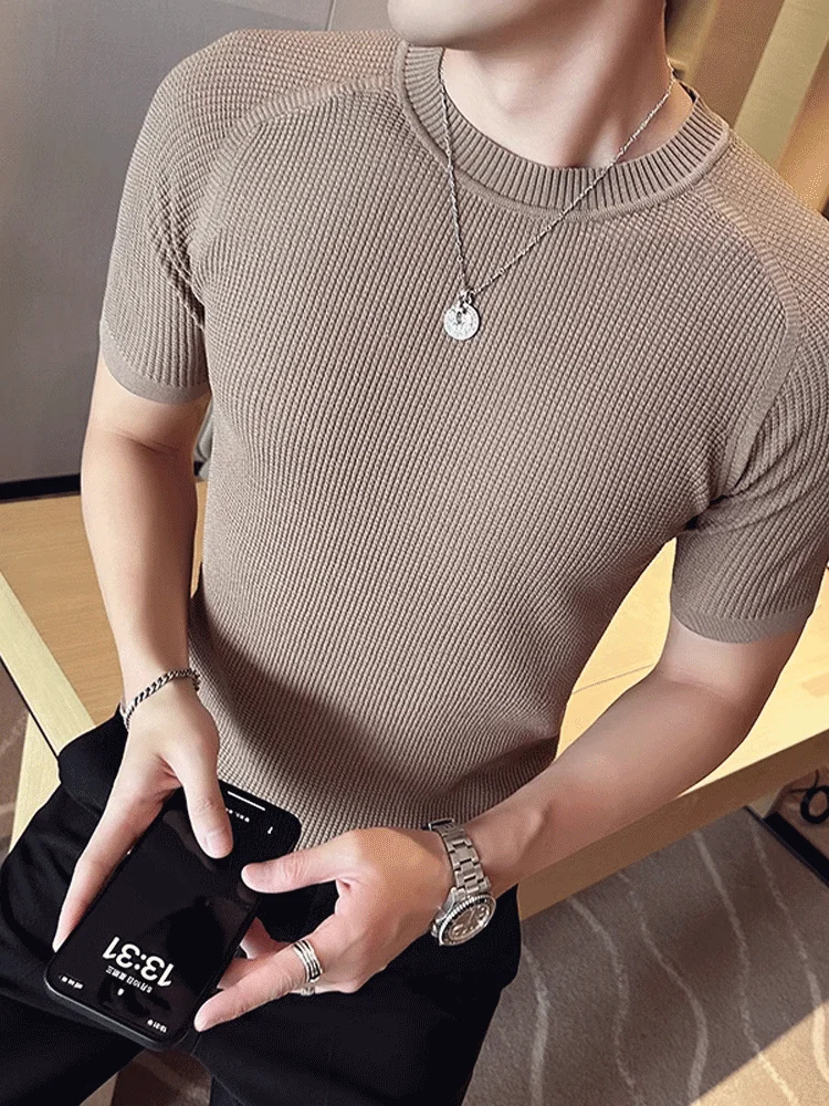Slim Fit Short Sleeve Knitted T-Shirt Men's Summer New Style Heavy Weight Breathable round Neck Fashionable Casual Top