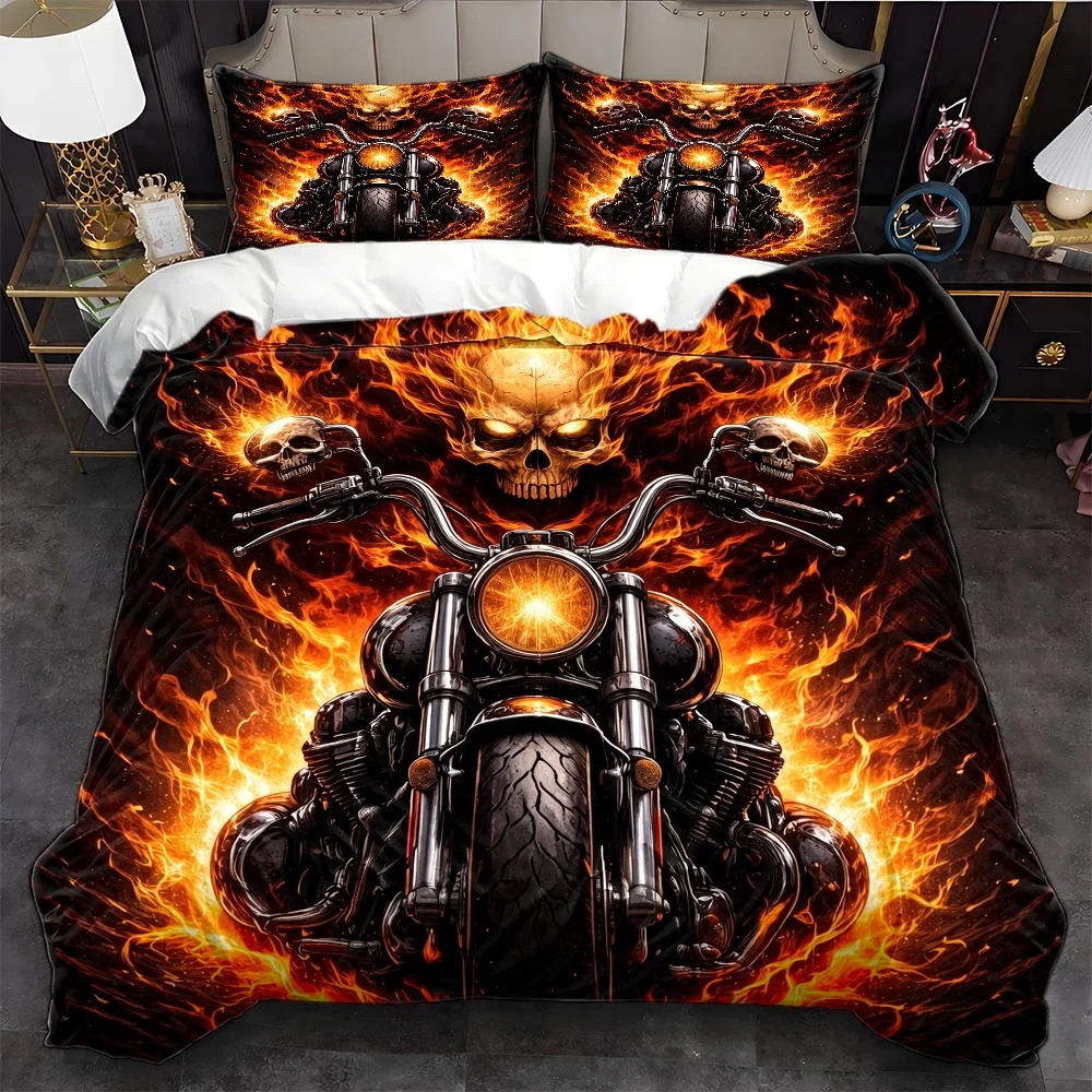 3Pc Flame Skull Motorcycle Print Duvet Cover Set, Bedding Three-Piece Set (1*Duvet Cover + 2*Pillowcases), Suitable for All Seasons, Machine Washable, Invisible Zipper Design, Large Double Bed Cover Set, Suitable for Home, Dorm, Master Bedroom, Guest Room, Personalized Cool Motorcycle Skull Pattern Bedding Set, Bedroom Decorative Bedding Three-Piece Set 2D Flat Print