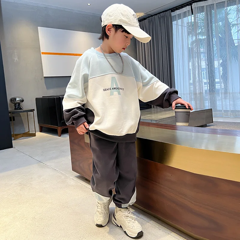 Spring 4-12Y Kids Boys Two-piece Clothes Set Letter Contrast Spliced Sweatshirt Outfit Loose Elastic Wasit Sports Pant Tracksuit