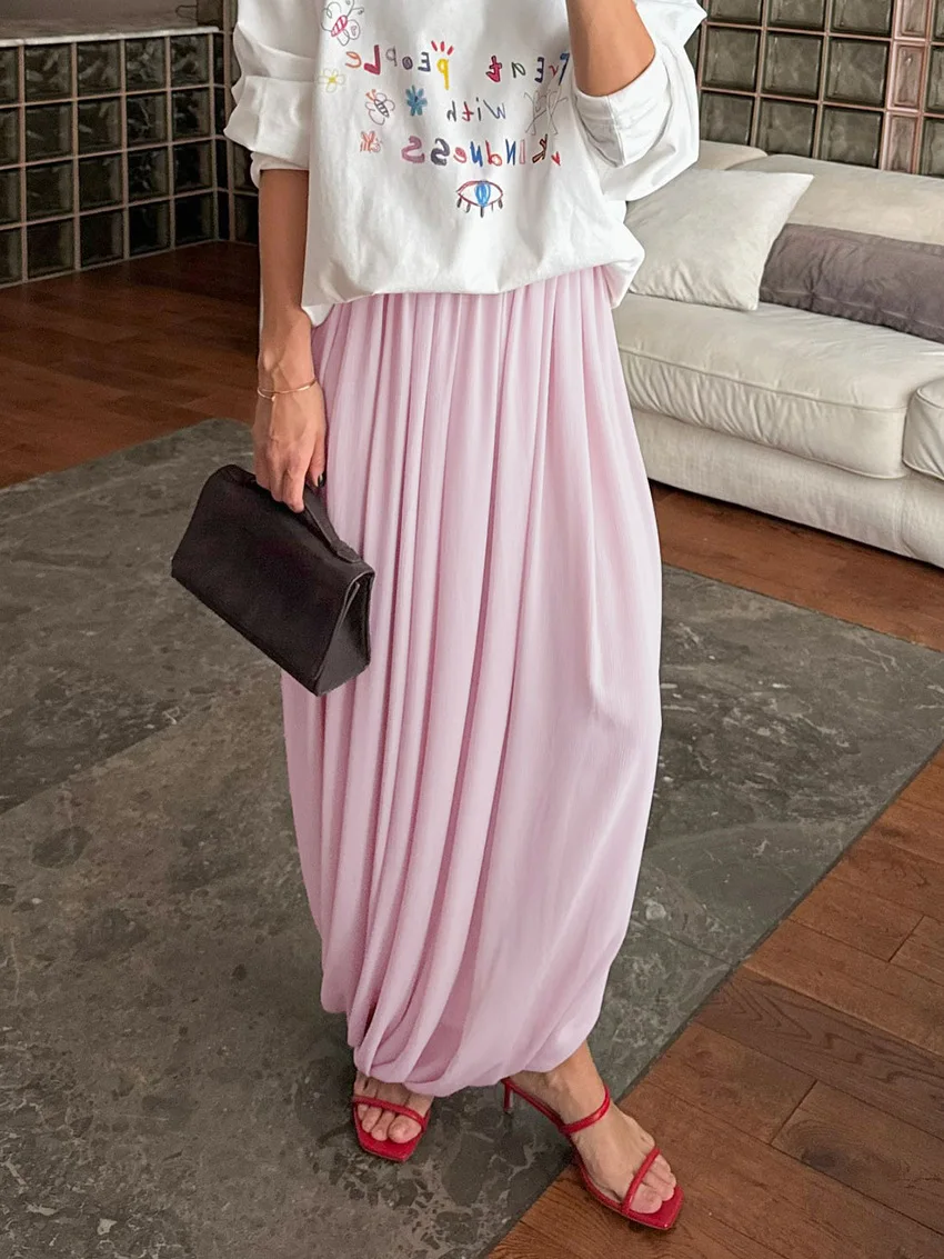 Women Crinkle Texture Midi Skirt Elastic Waist Twist Wrap Slit Skirt Elegant Versatile Straight Long Skirt