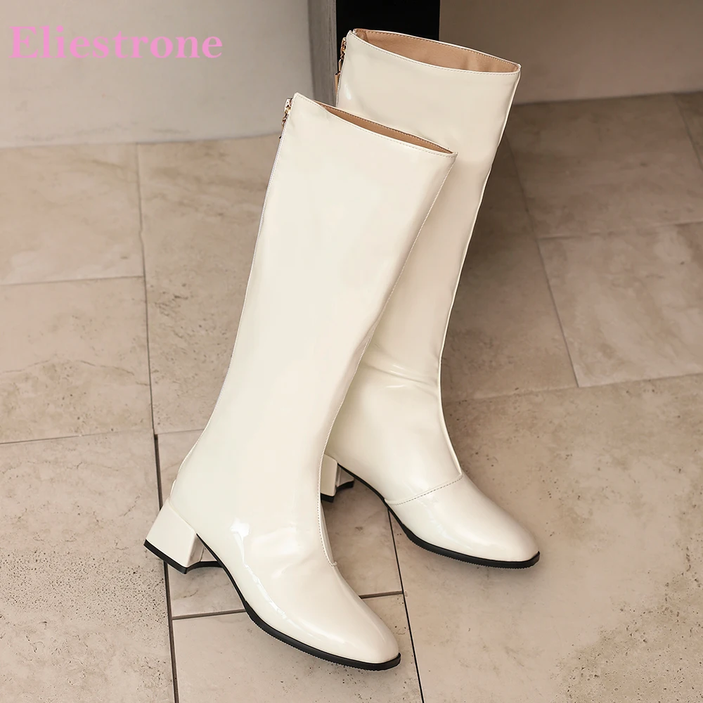 

2025 New Winter Glamour White Red Women Knee High Riding Boots Mid Chunky Heel Lady Dress Shoes Plus Small Big Size 10 32 44 46