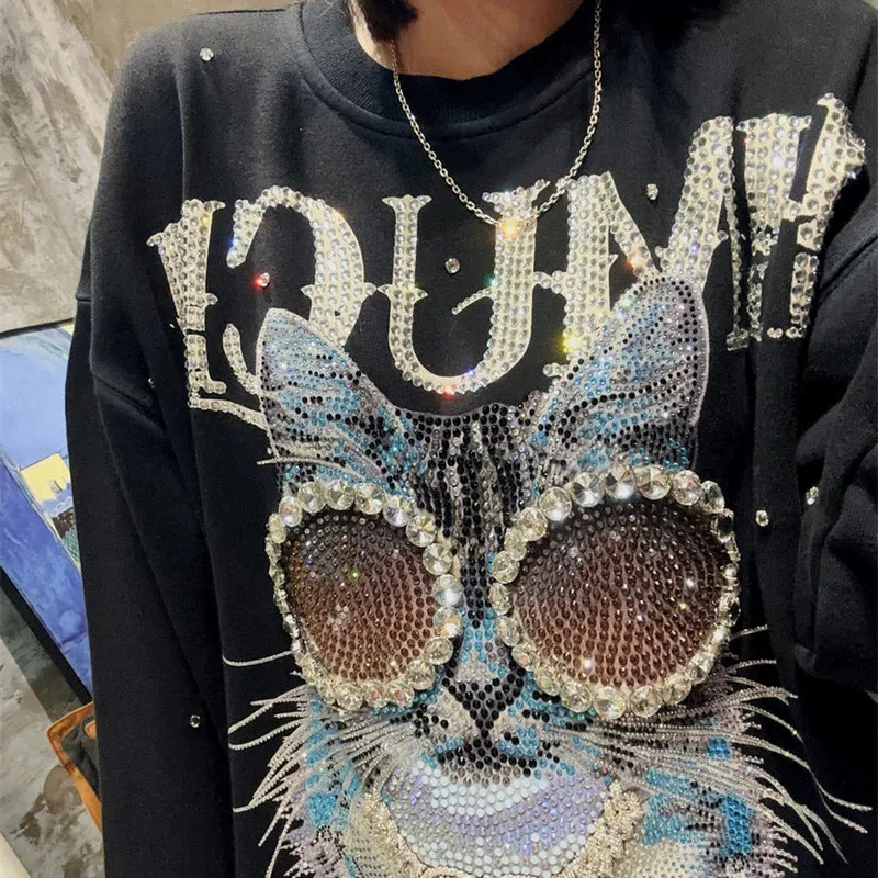 New Fashion Cartoon Cat Rhinestone Round Neck Women\'s Pullover Hoodie Beads Diamond-Embedded Cool Handsome Loose Top Sweatshirt